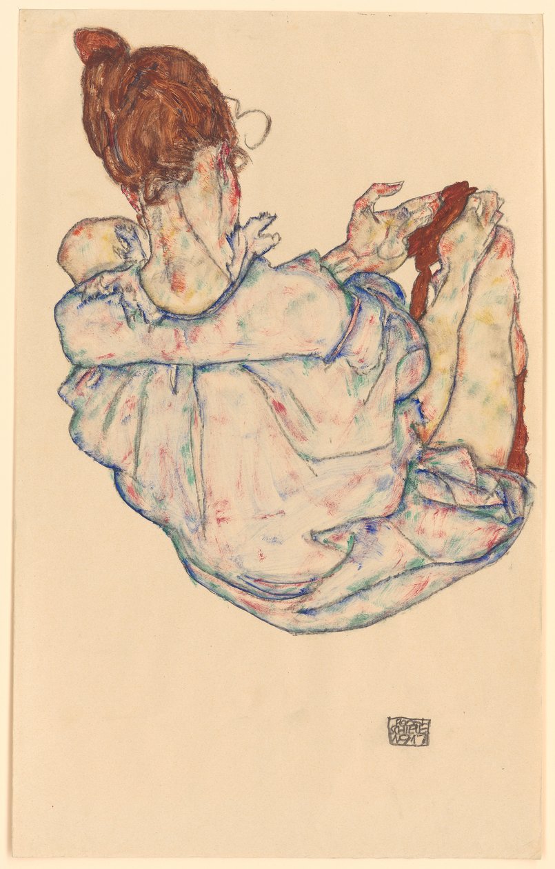 Sittande kvinna, sett bakifrån av Egon Schiele
