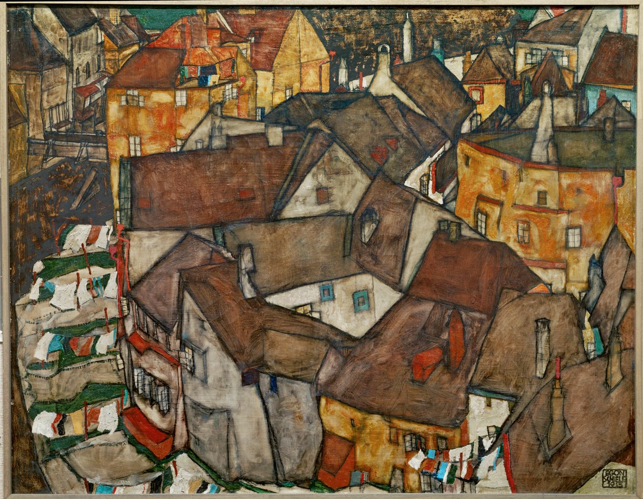 Liten stad - Krumau i Tjeckoslovakien (olja på duk) av Egon Schiele