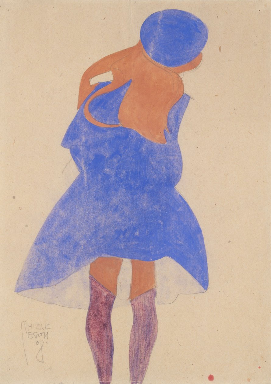 Stående flicka, bakifrån, 1908 (gouache, akvarell och grafit på papper) av Egon Schiele