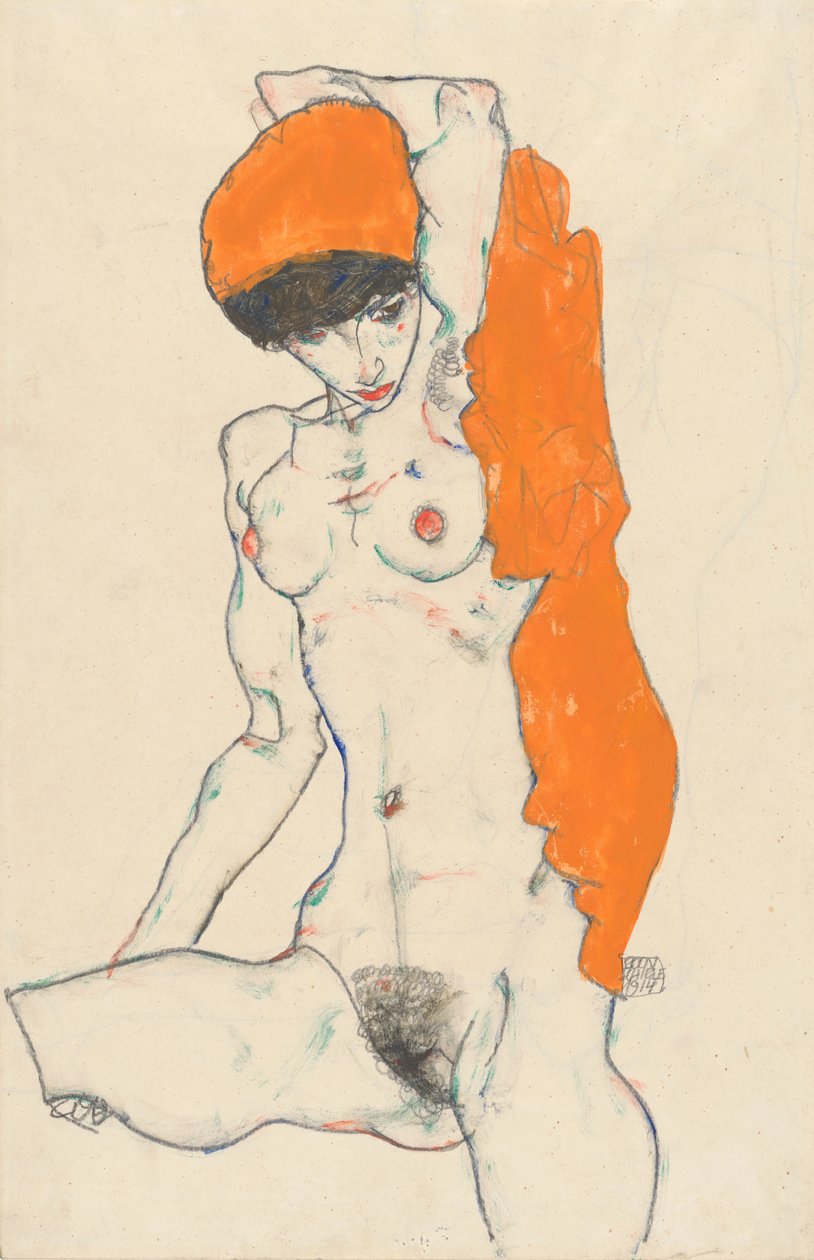 Stående naken med orange draperi, 1914 (wc, gouache och grafit på papper) av Egon Schiele