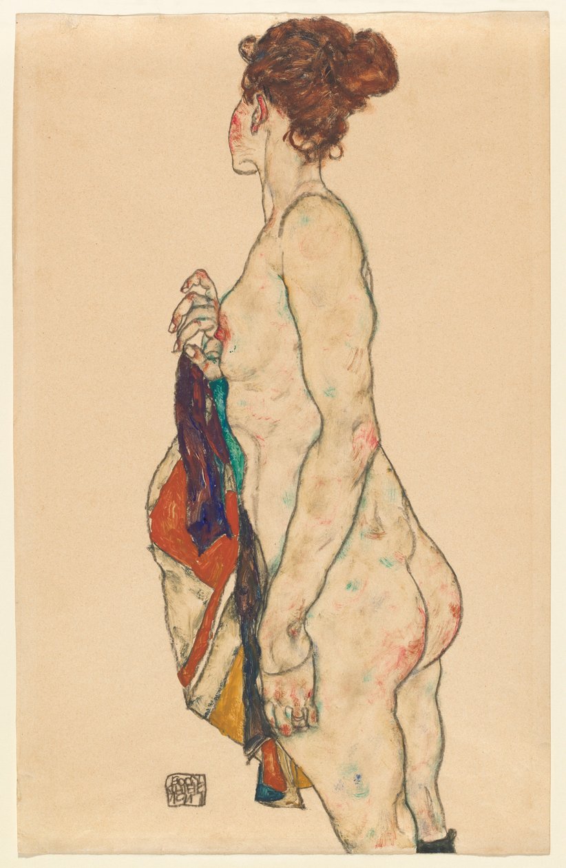 Stående naken med en mönstrad mantel av Egon Schiele