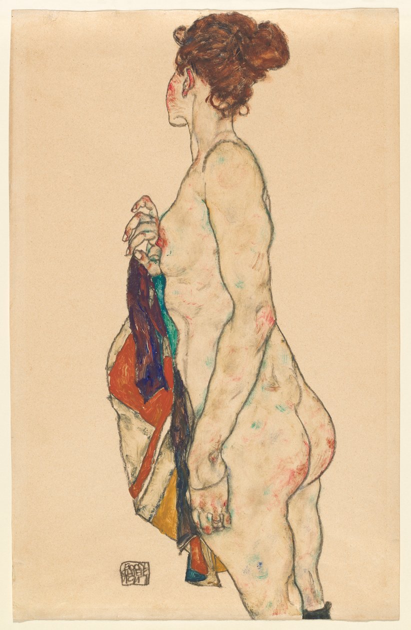 Stående naken med en mönstrad mantel, 1917 av Egon Schiele