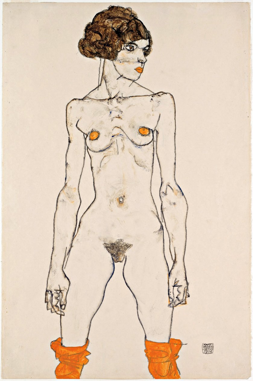 Stående ung kvinnlig naken med orangefärgade strumpor av Egon Schiele