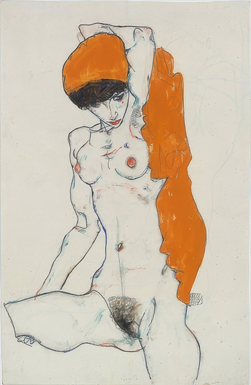 Stående naken med en orange trasa. 1914 av Egon Schiele