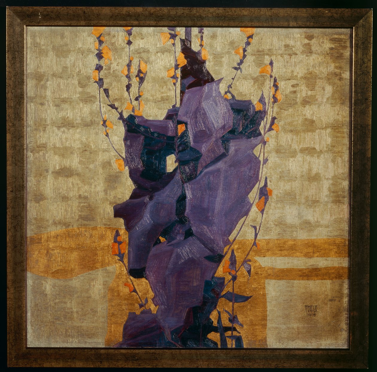 Stiliserad blomma mot en dekorativ bakgrund ... (brons) av Egon Schiele