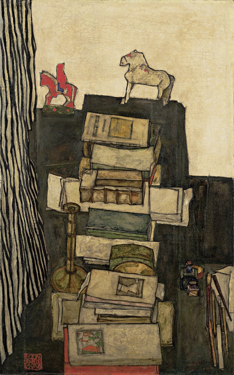 Stilleben med böcker Schieles skrivbord, 1914 av Egon Schiele