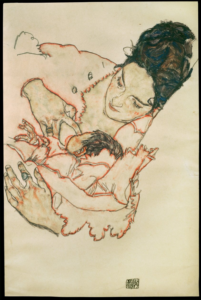 Stillende Mutter - Vårdande mor ... (akvarell och svartkrita) av Egon Schiele