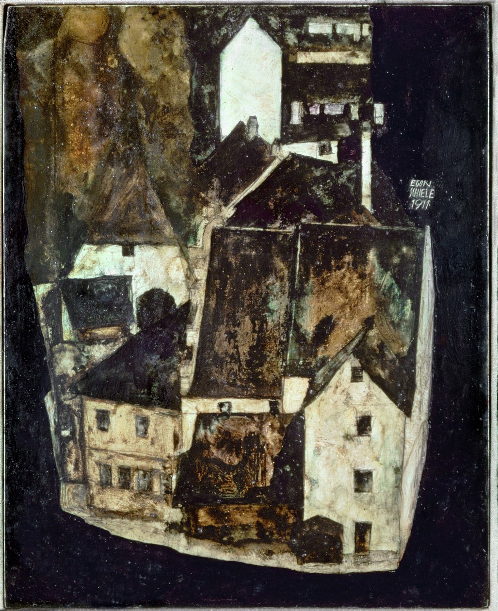 Tote Stadt III (Stadt am blauen Fluss III) [Död stad Iii (Staden vid den blå floden III)], ... (olja och gouache på trä) av Egon Schiele