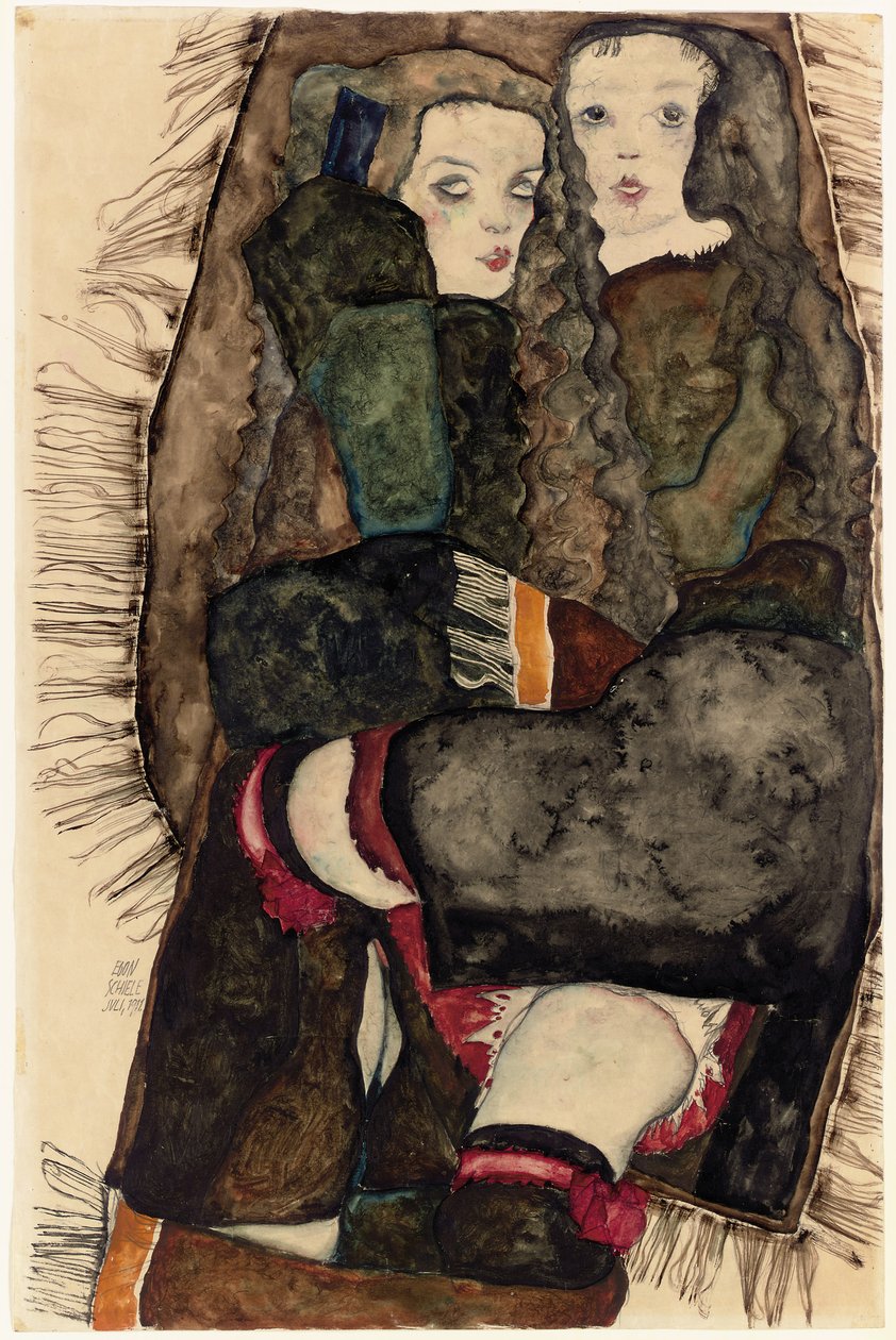 Två flickor på en fransad filt; Två flickor på en fransfilt, 1911 av Egon Schiele