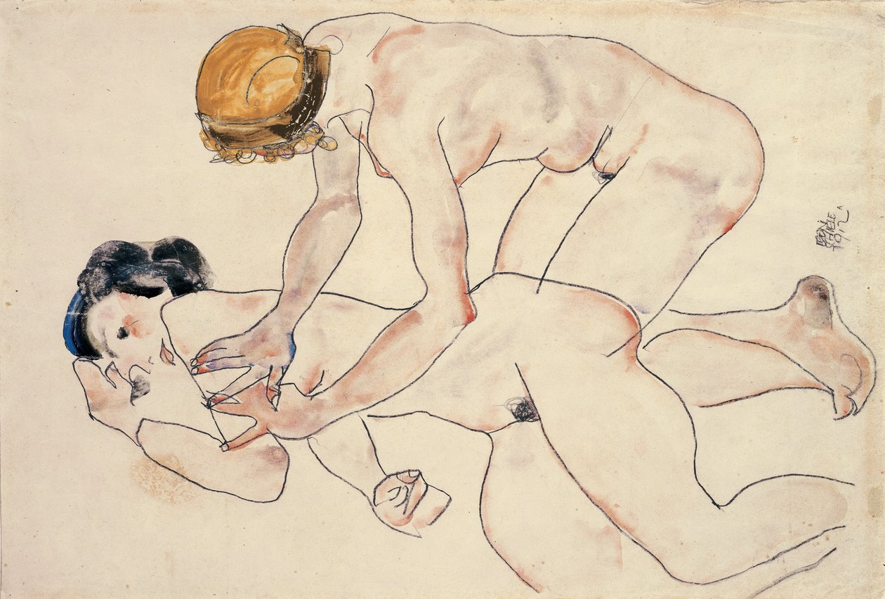 Två kvinnliga nakenbilder, liggande och knästående av Egon Schiele