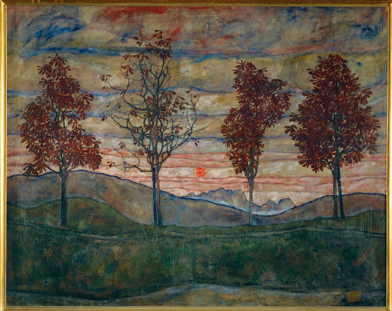 Vier Baeume (olja på duk) av Egon Schiele