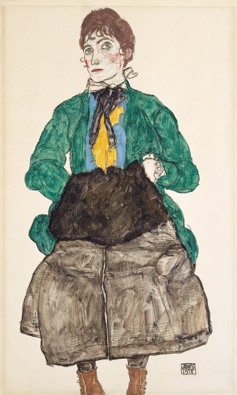 Kvinna i grön blus med muff, 1915 av Egon Schiele