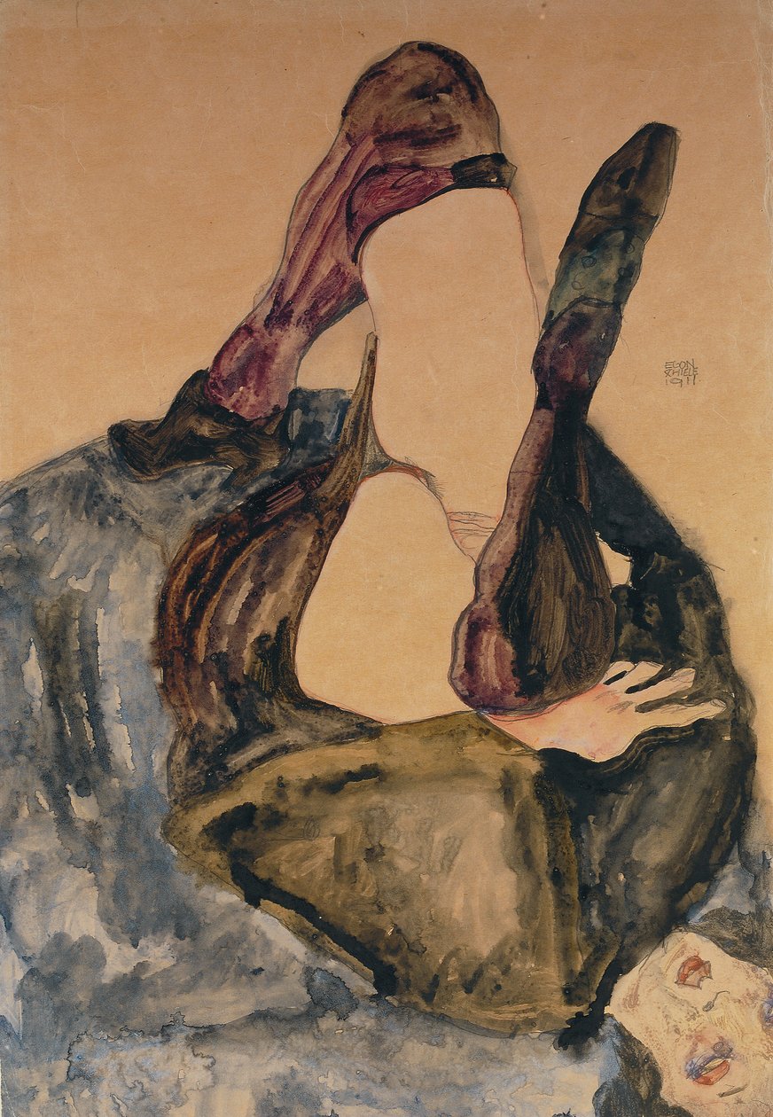 Kvinna med höjda ben och lila strumpor; Kvinna med upphöjda ben och lila strumpor, 1911 av Egon Schiele