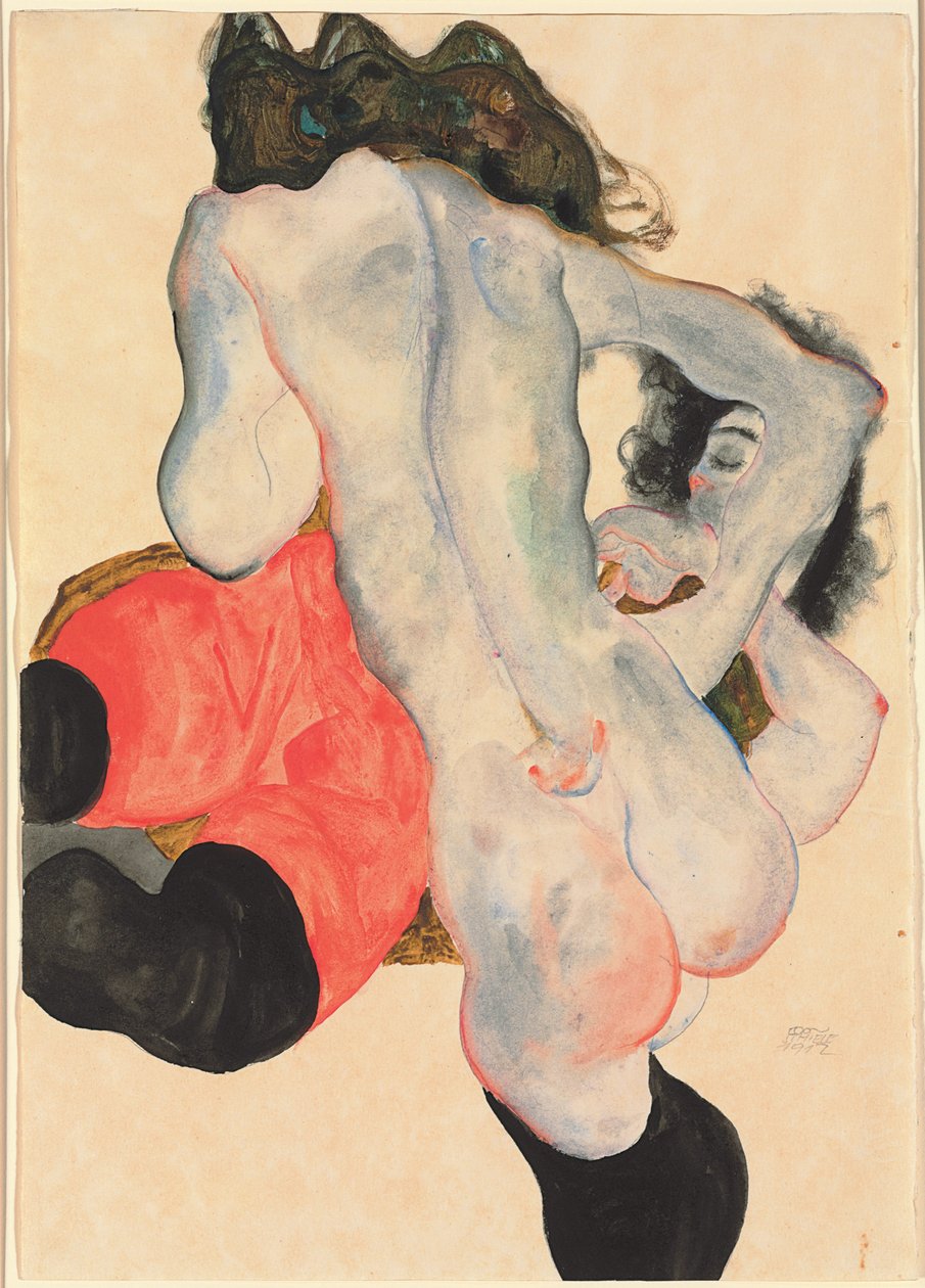 Kvinna med röda byxor och stående kvinnlig naken; Liggande kvinna med röda byxor och stående kvinnlig naken, 1912 av Egon Schiele