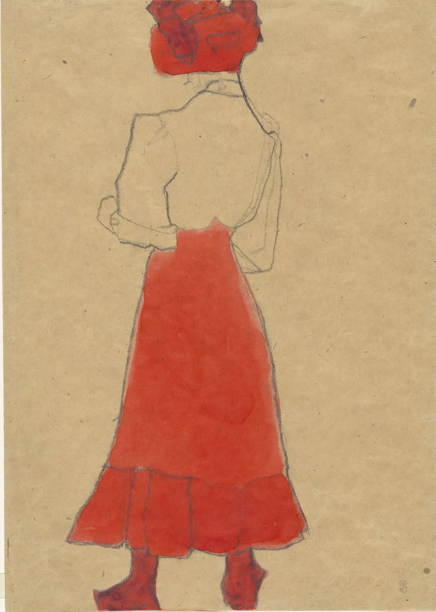 Kvinna med röd kjol, ca. 1909. av Egon Schiele