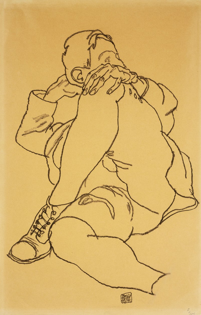 Ung man som lutar tillbaka med huvudet vilande på hans korsade ben; Lutande pojke med huvudet upprätt och vänster ben i kors, 1918 av Egon Schiele