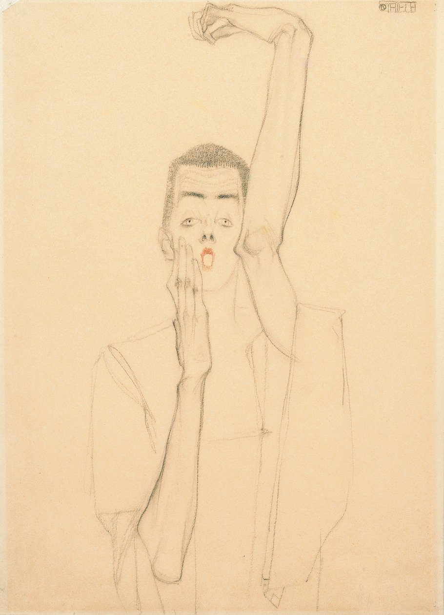 Ung man med höjd arm och röd mun; Självporträtt med upphöjd vänster arm och röd mun, 1909 av Egon Schiele