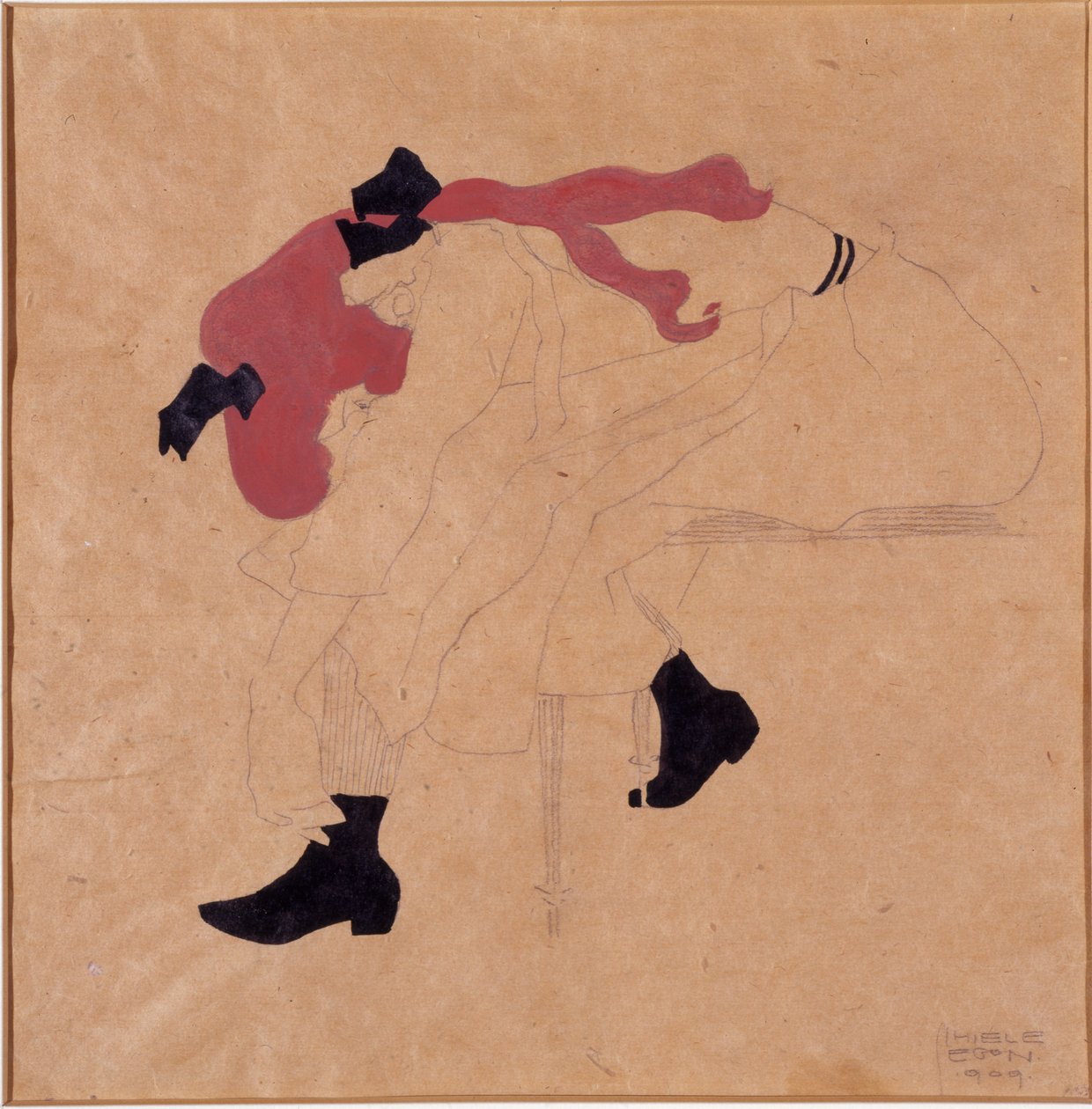 Ung flicka med svart band i rött hår, tar på sig skorna, 1909 av Egon Schiele