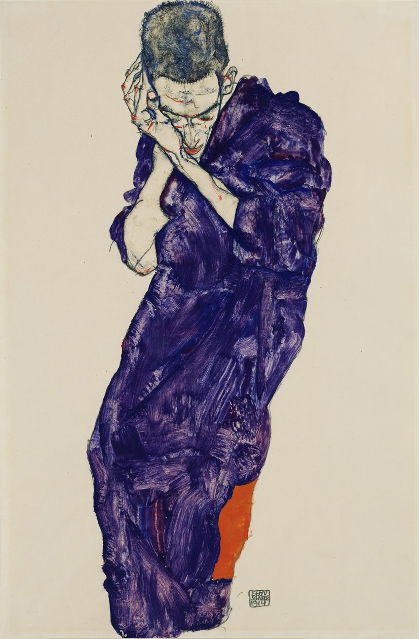 Ungdom i lila väska med korsade händer, 1914 av Egon Schiele