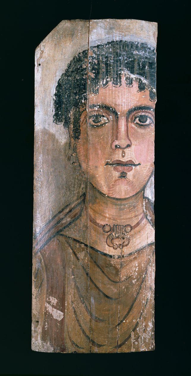Dubbelsidigt mumieporträtt av en ung kvinna, från er-Rubayat i Faiyum (enkaustisk färg på trä) (verso) (för recto se 104484) av Egyptian