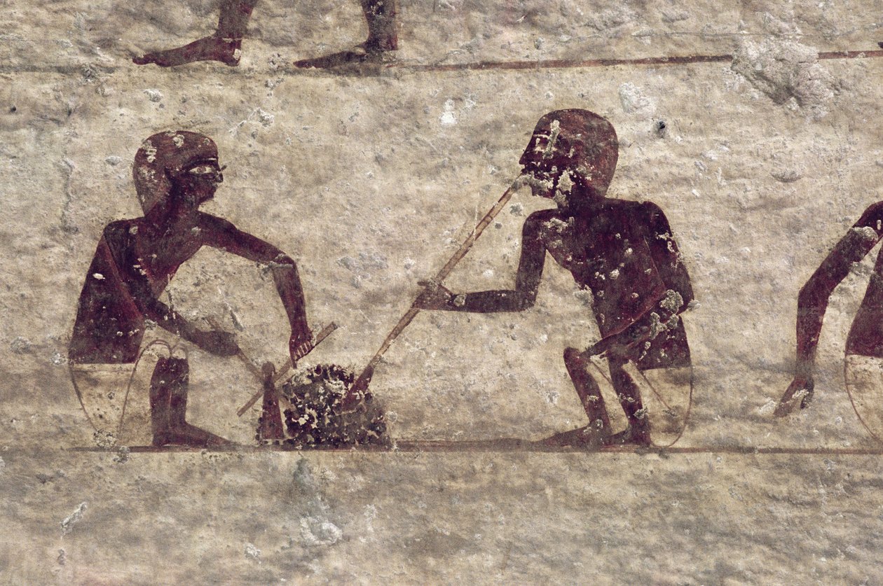 Glasblåsare, detalj från en väggmålning i en grav, egyptisk, Gamla till Mellersta riket (målad kalksten) av Egyptian