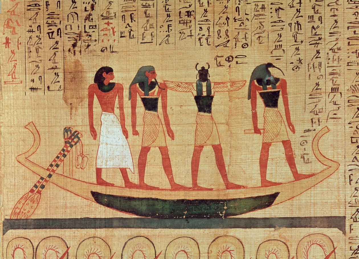 Papyrus föreställer en man som transporteras på en bark till livet efter detta av Thoth, Khepri och en annan gud av Egyptian