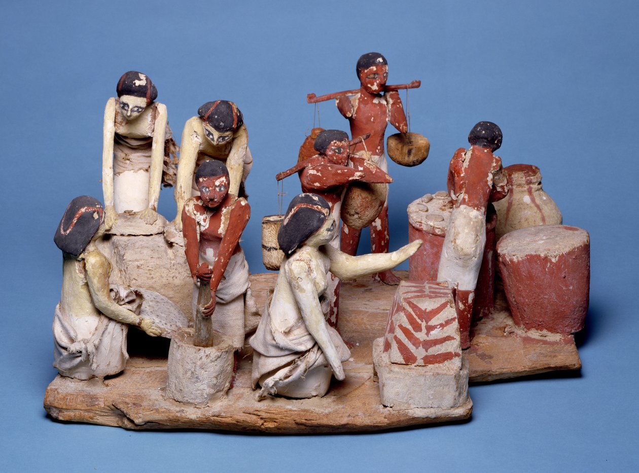Modell av tjänare som gör bröd och brygger, Mellersta riket (målat trä, linne och lera) av Egyptian 12th Dynasty