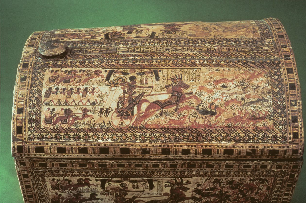 Detalj av en Tutankhamun-kista, Nya kungariket, ca 1340 f.Kr. målat trä av Egyptian 18th Dynasty