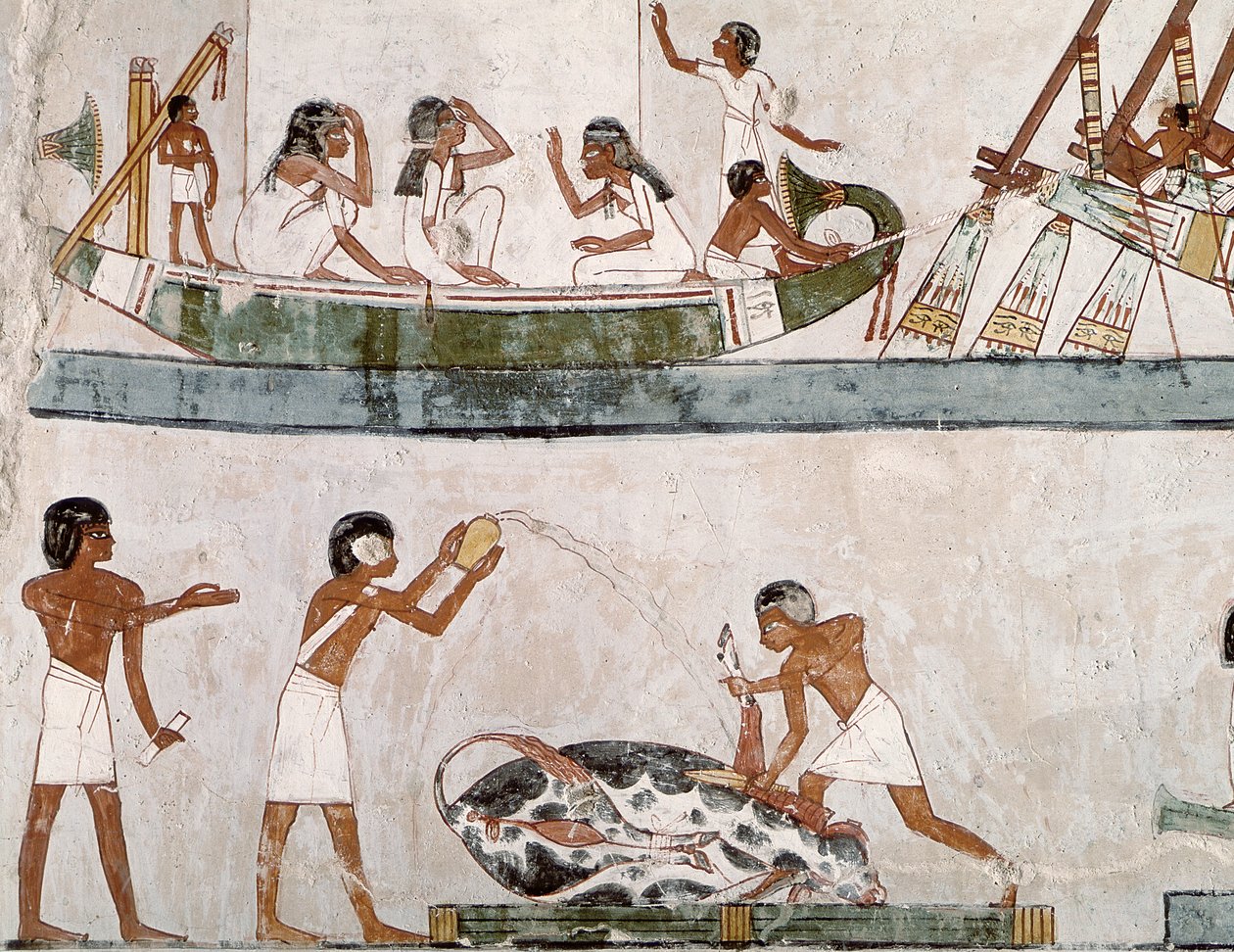 Offer och rening av en tjur, och en seglingsritual, från Mennas grav, New Kingdom (väggmålning) av Egyptian 18th Dynasty