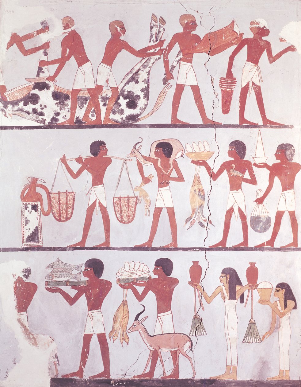 Scen där slaktare och tjänare kommer med offer, från Onsou grav, ca 1375 f.Kr. av Egyptian 18th Dynasty