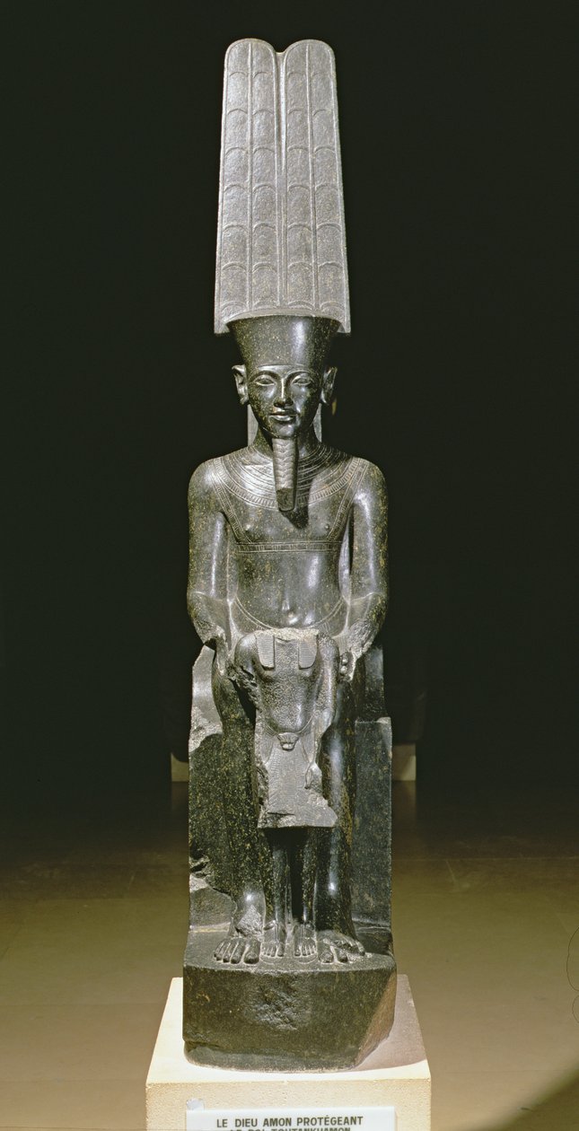 Staty av guden Amun som skyddar Tutankhamon, egyptiska, Nya kungariket, c.1347-37 f.Kr. (granit) av Egyptian 18th Dynasty