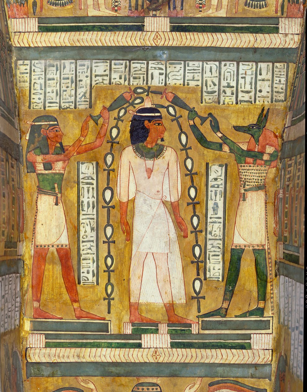 The Libation of the Dead, detalj från det inre av sarkofagen i Amenemipet, en präst från kulten av Amenophis (Amenhotep) I, föreställande Anubis och gudinnan Maat som häller vatten över huvudet av Egyptian 18th Dynasty