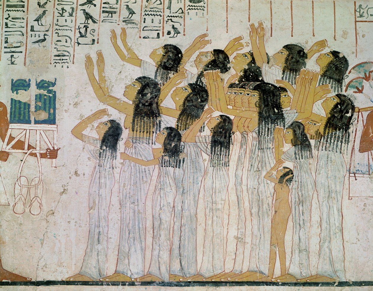 Gråtande kvinnor i en begravningsprocession, från Ramoses gravkapell, vizir och guvernör i Thebe, Nya riket, ca 1360 f.Kr. (väggmålning) av Egyptian 18th Dynasty