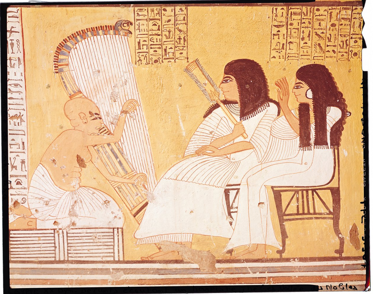 Den avlidne och hans fru lyssnar på en blind harpist, från Ankerkhes grav, Workmens Tombs, New Kingdom (väggmålning) av Egyptian 20th Dynasty