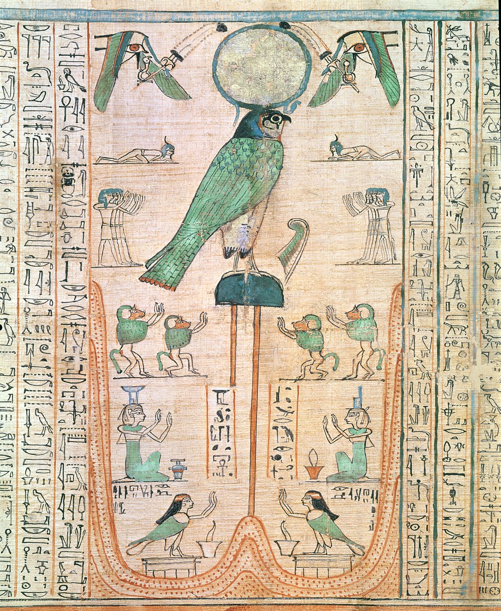 Tillbedjan av den uppgående solen i form av Falcon Re-Horakhty, New Kingdom, ca 1150 f.Kr. (papyrus) av Egyptian 20th Dynasty