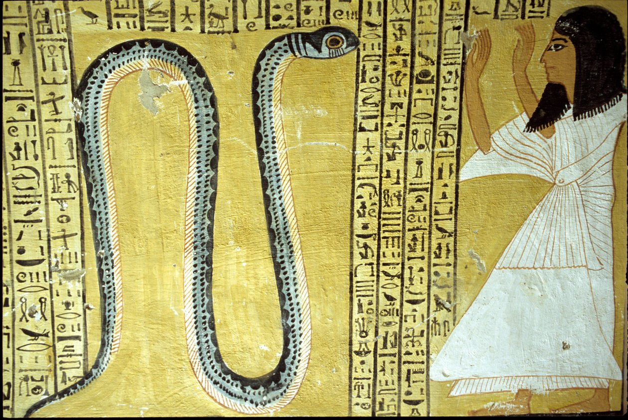 Inherkhau dyrkar Sito-ormen, underjordens gud, från Inherkhaus grav, Thebe (väggmålning) av Egyptian 20th Dynasty