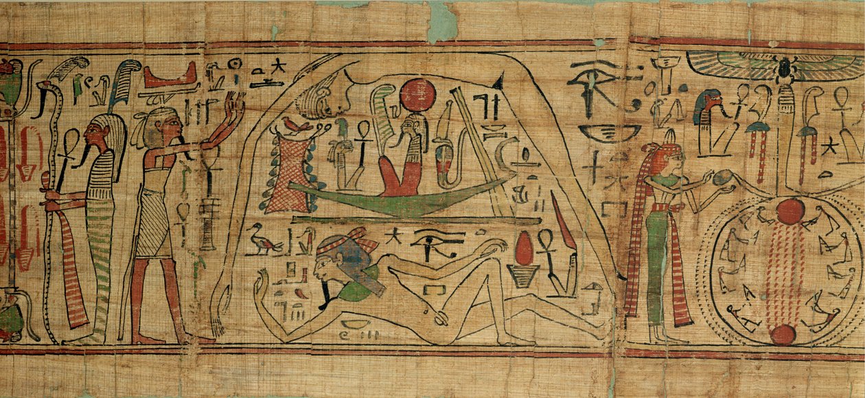 Detalj från Nespakashutys papyrus som visar guden Geb (jorden) separerad från sin hustru, gudinnan Nut (himlen) Tredje mellantiden (papyrus) av Egyptian 21st Dynasty