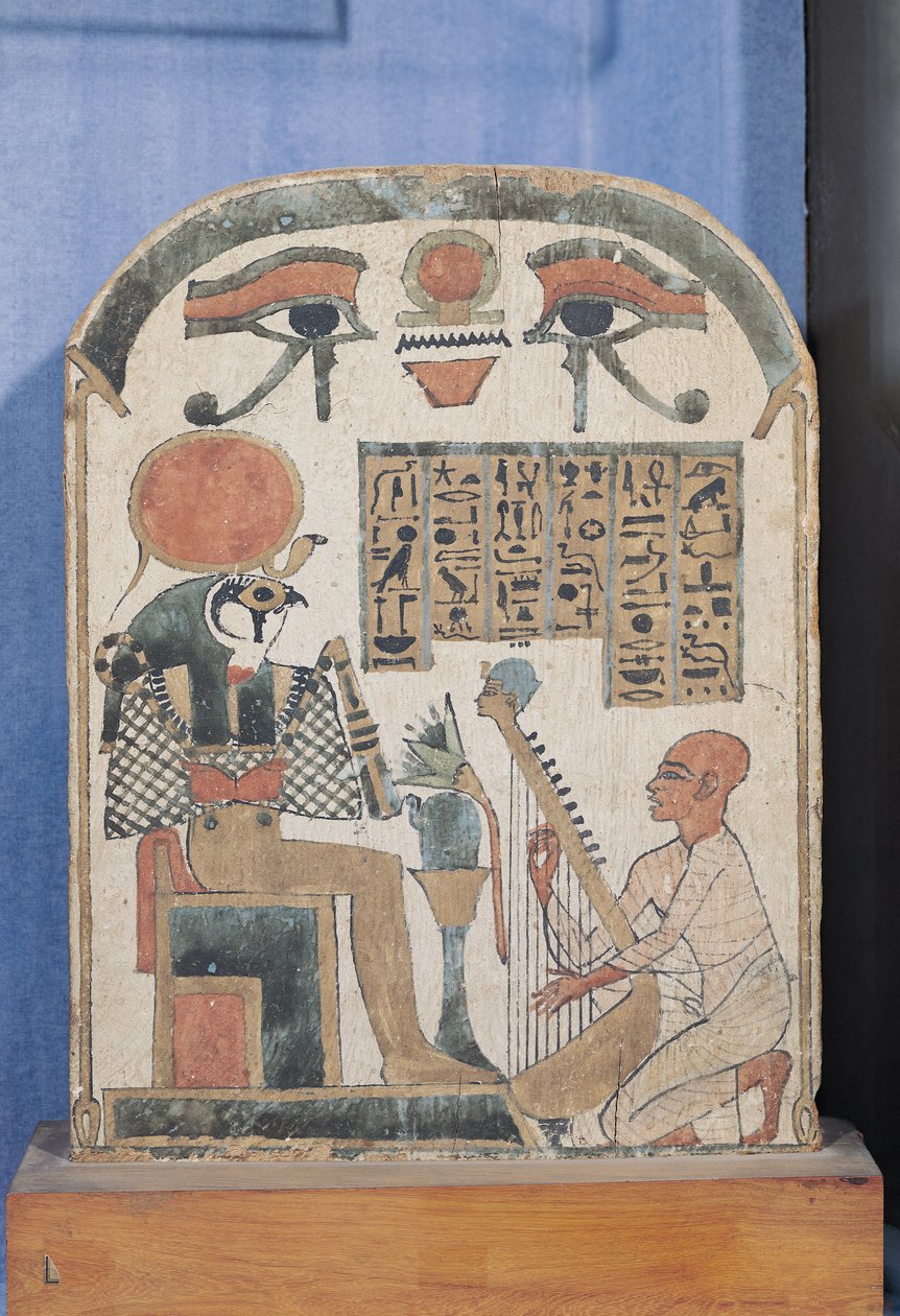 Stela av harpisten Djedkhonsuiuefankh, egyptisk, tredje mellanperioden, (stuckatur och målat trä) av Egyptian 22nd Dynasty