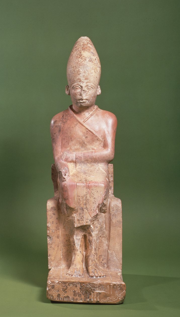 Sittande staty av farao Khasekhem med erövrade fiender inskurna runt basen, hittad i Hierakonpolis, ca 2700 f.Kr. (kalksten) av Egyptian 2nd Dynasty