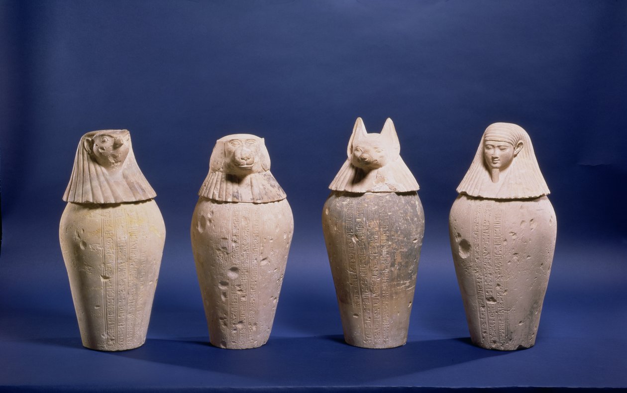 Set med fyra baldakinburkar tillhörande Djedbastetefankh, från hans grav i Hawara, sen period, c.380-342 f.Kr. (kalksten) av Egyptian 30th Dynasty