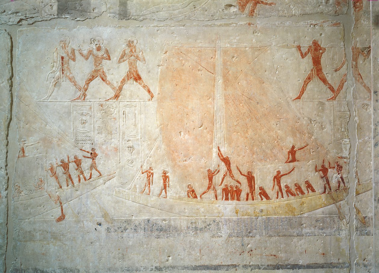 Relief från Mastaba av Akhethotep som visar båtliv, från Saqqara, Gamla kungariket (målad kalksten) av Egyptian 5th Dynasty