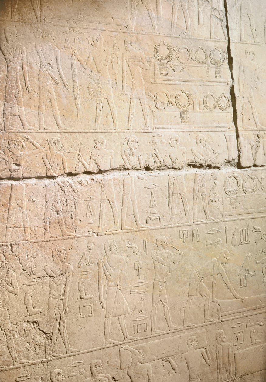 Relief från Mastaba av Akhethotep som visar ersättningen av halsbanden, från Saqqara, Gamla kungariket (målad kalksten) av Egyptian 5th Dynasty