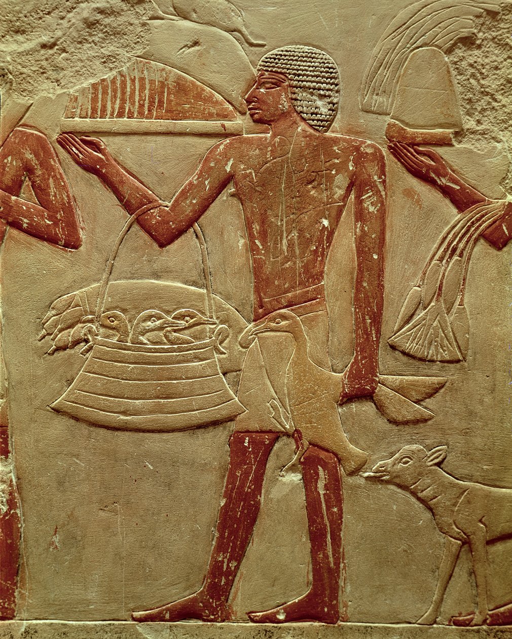 Relief föreställande en portier med en korg med ungar, från prinsessan Iduts grav, Gamla kungariket, ca 2330 f.Kr. (målad kalksten) av Egyptian 6th Dynasty