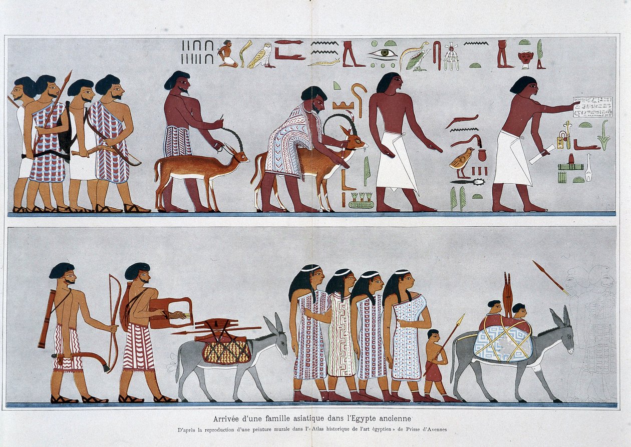 En asiatisk familjs ankomst till det forntida Egypten: Från reproduktionen av en väggmålning i "Historical Atlas of Egyptian Art" av Prisse d