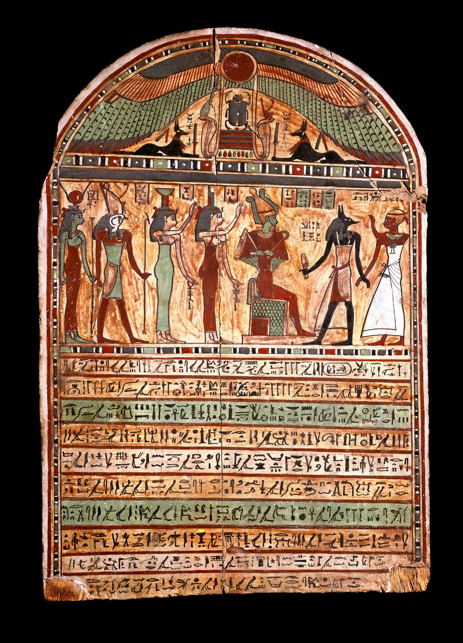 Egyptisk antikvitet: en översteprästs begravningsstele: Osiris välkomnar den avlidne närvarande i Anubis, bakom honom gudarna Isis, Nephtis (Nephtys eller Neftis), Horus, Hathor. 3:e-2:a århundradet f.Kr. turin, egyptiskt museum - egyptiska antikviteter: b av Egyptian