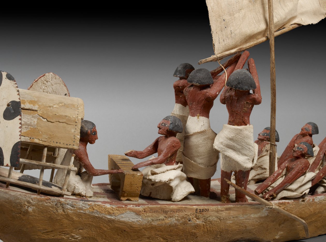 Modell av begravningsbåt från Beni Hasan, troligen från Mellersta riket, ca 2060-1786, detalj i blandad media av 107032 av Egyptian