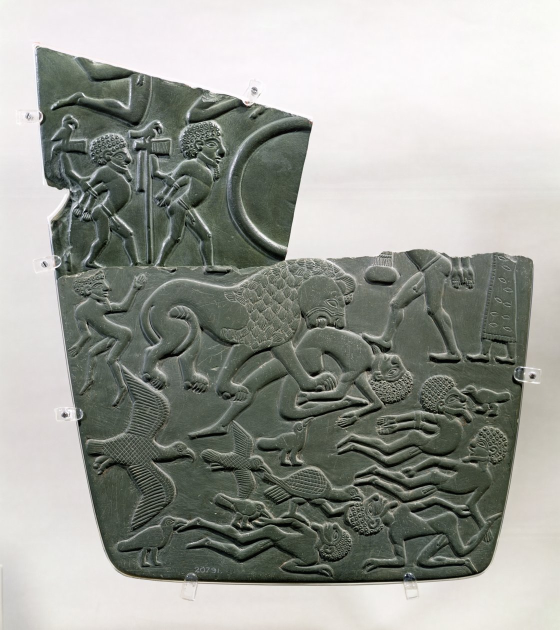Slagfältspaletten, föreställande fångar och dödade offer för strider, de sistnämnda förgripna av vilda djur, sent predynastiskt till 1:a dynastin, c.3100 f.Kr. (grå skiffer) av Egyptian