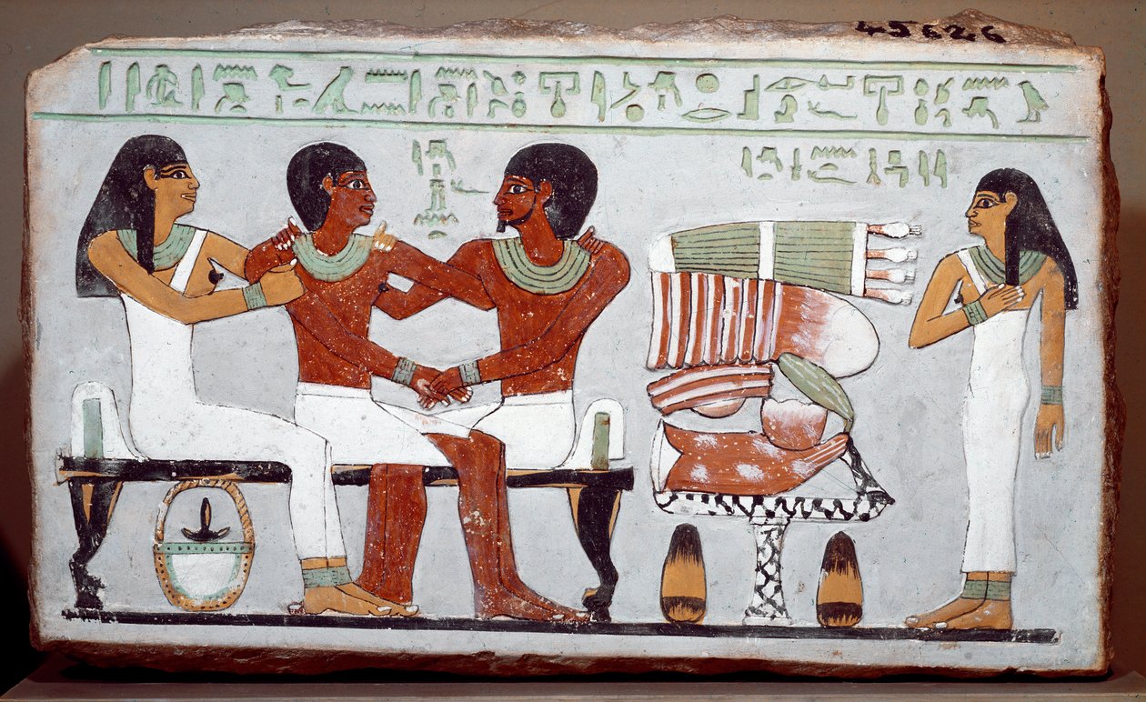 Egyptisk antikvitet: begravningsstele målad kalksten som visar familjen Amenemhet (Amenemhat) av Egyptian 11th Dynasty