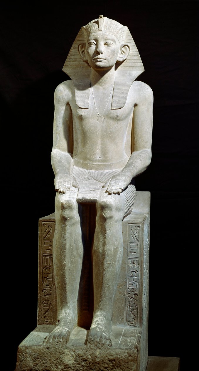 Egyptisk antikvitet: kalkstensstaty av farao Amenemhet (Amenemhat) III. 12:e dynasti. 1910 f.Kr. Från Hawara. Dämpa. 160 cm Kairo, Egyptiska museet av Egyptian 12th Dynasty