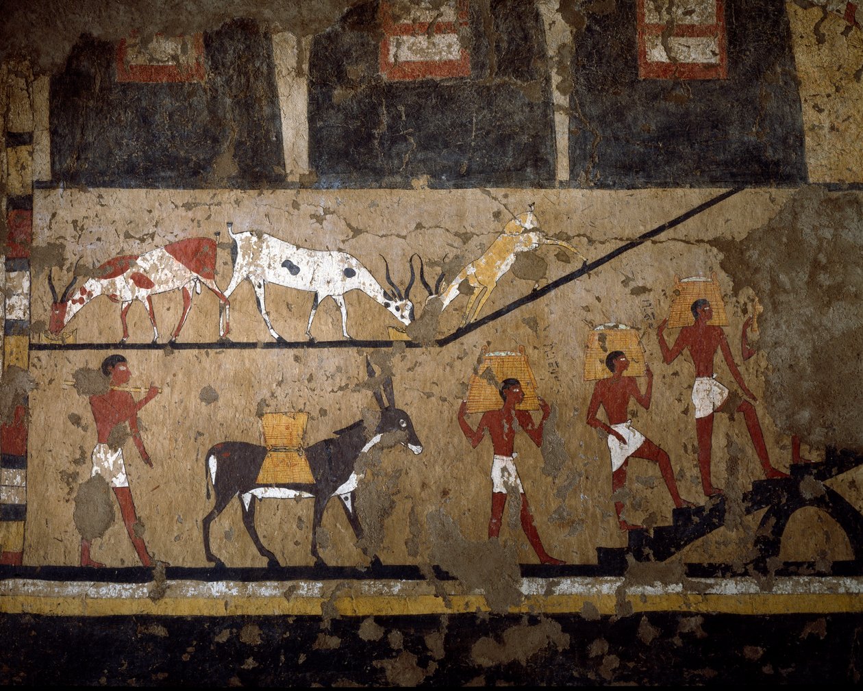 Egyptisk antikvitet: transport av vete på ryggen av mulle och på ryggen av slavar. Fresk av drottning Neferou III:s grav. 12:e dynasti. 2200-2000 f.Kr. Från El Ghebelen. Turin, egyptiskt museum av Egyptian 12th Dynasty